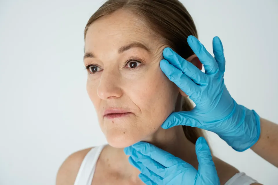 Close-up of mature skin showing fine lines and texture changes