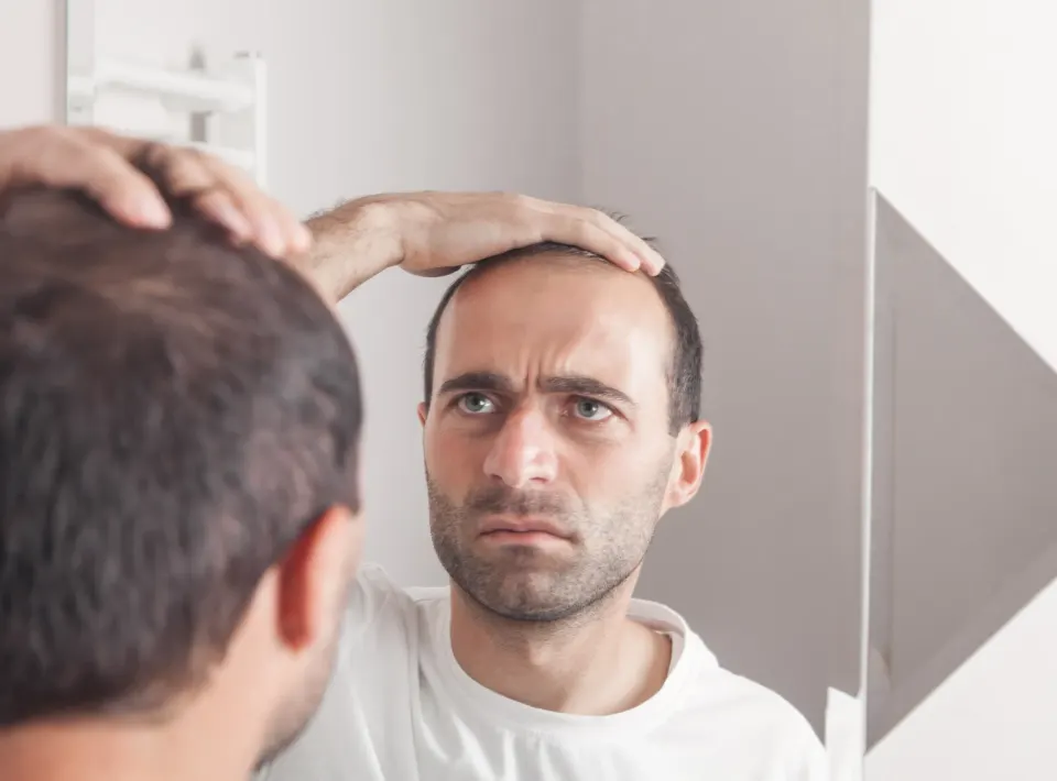 Adult patient looking at hair part in mirror, mid-30s, soft natural lighting